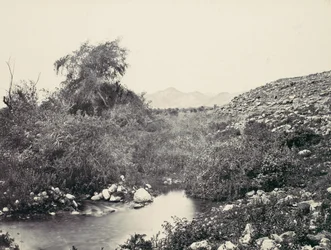 De fontein van Jericho en waarschijnlijke locatie van de stad, ca. 1857