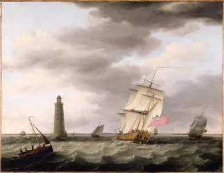 Een oorlogsschip passeert de Eddystone vuurtoren, ca. 1773