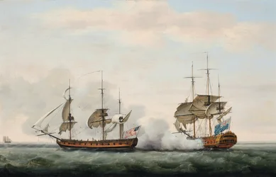 Het schip Bridgewater van de Oost-Indische Compagnie verdedigt met succes haar lading tegen een aanval door de Amerikaanse kaper Hampden op weg van St. Helena naar Engeland op 8 maart 1779