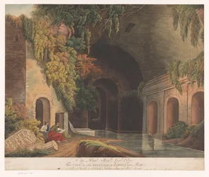 Twee tekenaars bij het Nymphaeum van Egeria in het Caffarella Park bij Rome