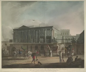 Gezicht op een huis, fabriek en bazaar in Calcutta