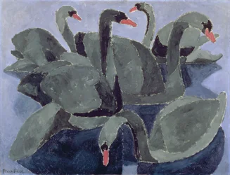 Zwarte zwanen op een blauwe achtergrond, ca. 1909