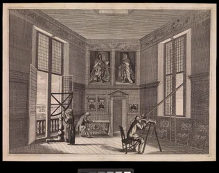 Drie figuren die astronomische apparatuur gebruiken in de Grote Sterrenkamer of de Octagonkamer, zoals het vandaag bekend is, in het Koninklijk Observatorium, ca. 1676