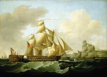Episodes van de Napoleontische oorlogen (1803-1815): de triomfantelijke terugkeer met de gevangengenomen vluchtelingen door Richard Strachan, voor de kust van Rochefort (Frankrijk), 4 november