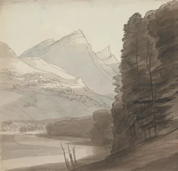 Aan de oever van de Rijn nabij de bron, licht van rechts