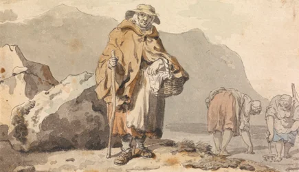 Een oude visvrouw met twee vrouwen die aas graven