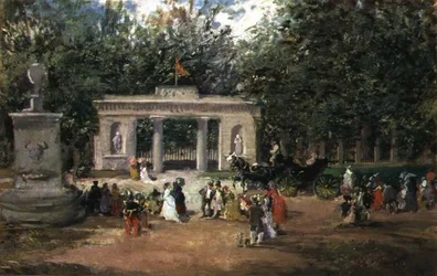 De poort van de botanische tuinen in Madrid vanaf het Prado Museum