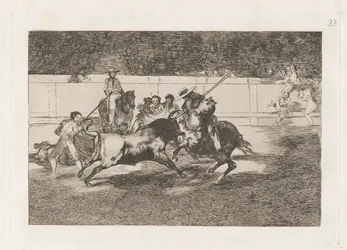 El esforzado Rendon picando un toro, de cuya suerte muri? en la plaza de Madrid (De krachtige Rendon steekt een stier met de piek, van welke pas hij stierf in de ring van Madrid), Plaat 28 uit La tauromaquia