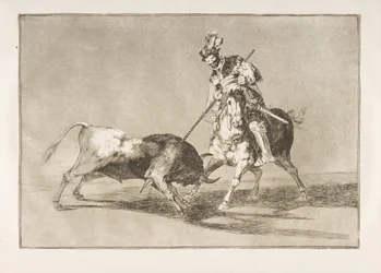 Plaat 11 uit de Tauromaquia: De Cid campeador steekt een andere stier, 1816