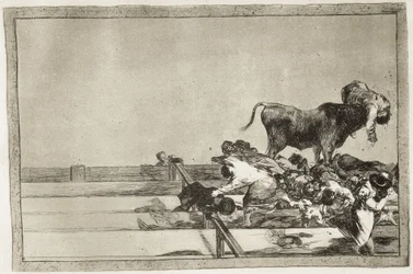 Vreselijke gebeurtenissen op de voorste rijen van de arena in Madrid en de dood van de burgemeester van Torrejón in 1801. 1816. Plaat 21 uit „De kunst van het stierenvechten”. Spanje. Madrid (Autonome Gemeenschap). Madrid. Nationale Bibliotheek