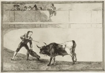 Pedro Romero doodt de tot stilstand gebrachte stier. 1816. (25,1 x 35,9 cm). Pedro Romero (1754-1839). Spaanse stierenvechter. Plaat 30 uit „De kunst van het stierenvechten”. Spanje. Madrid (Autonome Gemeenschap). Madrid. Nationale Bibliotheek