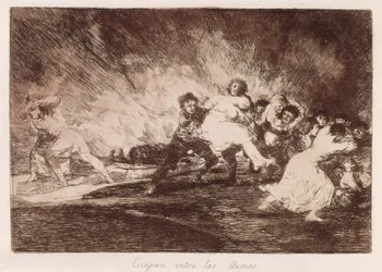 Zij ontsnappen door de vlammen. 1810-1812. (16,1 x 23,3 cm). Plaat 47 uit „De verschrikkingen van de oorlog”. Spanje. Madrid (Autonome Gemeenschap). Madrid. Nationale Bibliotheek
