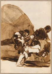 Drie mannen dragen een gewonde soldaat, uit de Afbeeldingen van Spanje, Album F