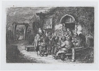 Plaat 18: straatmuzikanten en andere figuren buiten een taverne, uit de serie gebruiken