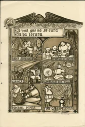 Illustratie door Francisco Sancha Lengo (1874-1936) - Vliegend blad, circa 1915 - El mal que no se cura es la locura - Oorlog van 14-18, Duitsland Pruisen, Verstikkend gas, Spaanse taal, Buitenlandse pers