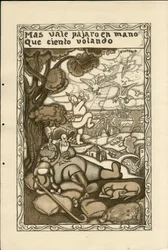 Illustratie van Francisco Sancha Lengo (1874-1936) - Vliegend blad, ca. 1915 - Mas vale pajaro en mano que ciento volando - Oorlog van 14 -18, Duitsland Pruisen, Belligeranten en symbolen, Overwinning, Vrede, Spaanse taal, Buitenlandse pers