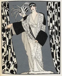 Blanc et noir. Een vrouw die een kostuum draagt ontworpen in 1855 door John Redfern, illustratie uit 