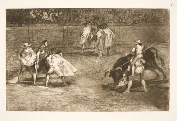 Een stierenvechter, zittend op de schouders van een helper, steekt een stier