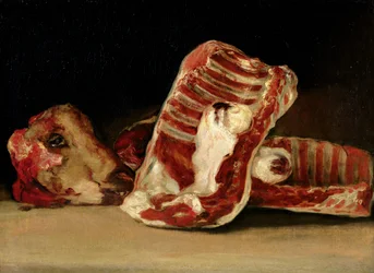Stilleven van schapenribben en hoofd - De slagersbalie