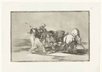 Vier mannen jagen op een stier; Los Moros establecidos en España, prescindiendo de las supersticiones de su Alcorán, adoptaron esta caza y arte, y lancean un toro en el campo; Stierenvechten (series title); La Tauromaquia (series title)