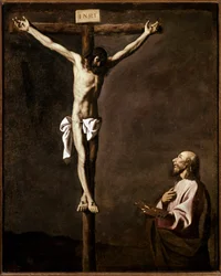 Kruisiging en schilder Zelfportret van de kunstenaar in de rol van Sint Lucas aan de voet van het kruis