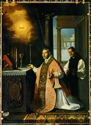 De priester Cabanuelas van Toledo viert de Heilige Mis in 1420 ... (schilderij op doek)