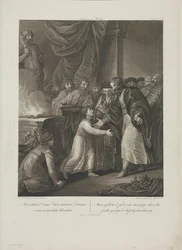Mieszko I van Polen ontvangt de tonsuur door Smuglewicz, Franciszek (1745-1807). Lithografie, Eind 18e eeuw. Privécollectie