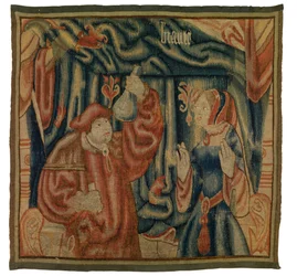 Tapijtfragment met interieur met arts en vrouw, Beaute, Frans of Vlaams, gemaakt in begin 16e eeuw