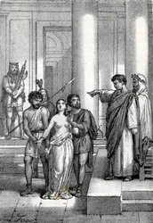 Agnes van Rome naakt door de straten naar een bordeel gebracht, tekening uit “Misteri del Vaticano” van Franco Mistrali