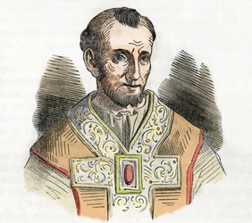 Middeleeuwen: voorstelling van paus Nicolaas I de Grote, tekening uit 