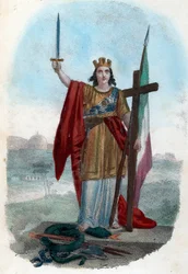 Risorgimento: Allegorische voorstelling van het triomferende Italië dat op de slang van de corrupte kerk staat en een zwaard met een kruis en een vlag heft, symbolen van het politieke, religieuze en burgerlijke risorgimento) Frontispice uit 