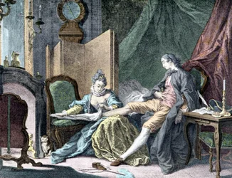 La Courtesan amoureuse: Vrouw die de onderkant van een man verwijdert - gravure door ap. Butcher