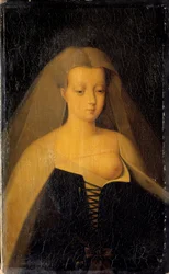 Portret van Agnès Sorel (1422-1450), vrouwe van Beauté-sur-Marne, geliefde van koning Karel VII (1422-1461). Haar borst is ontbloot. Schilderij van Philippe Comairas (1803-1875) naar François Clouet. 1833. H. 0,3 x 0,19 m. Versailles, kasteelmuseum