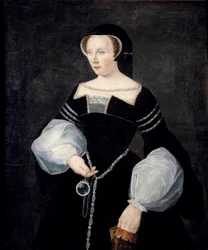 Portret van Diane de Poitiers, vrouwe van Brézé, hertogin van Valentinois (1499-1566), in rouwkleding (weduwenkostuum) om haar echtgenoot Louis de Brézé, die in 1531 overleed, en met een spiegel in haar hand, omstreeks 1550, circa 1