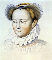 Portret van Marguerite de Valois, bekend als Koningin Margot (1553-1615), Koningin van Navarra, eerste vrouw van Hendrik IV (naar een originele tekening van Clouet)