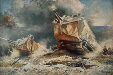 Franse tank van het St Chamond-type die oprukt naar de Duitse posities in WOI