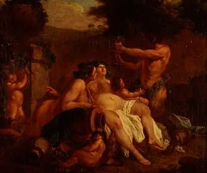 Bacchus feestvierend bij een stenen urn in een dal
