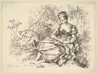 Meisje in een landschap met een mand vol bloemen