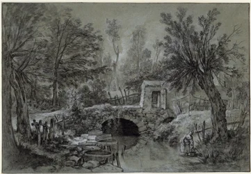 Landschap met beek en brug