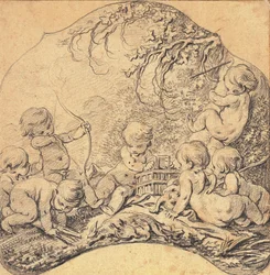 Putti in een landschap die pijlen schieten en een kooi openen, een jachttrofee op de voorgrond