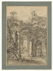 Landschap met Romeinse ruïnes en enkele figuren