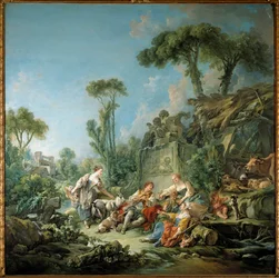 De idylle van de pastorale scène met herder. Schilderij van François Boucher (1703-1770), 1768. Doek. 2,4 x 2,37 m. New York. Metropolitan Museum