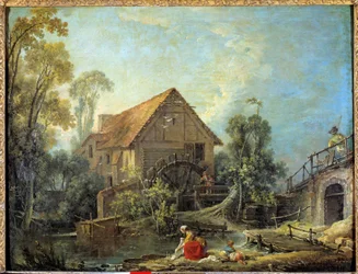 De molen. Een vrouw wast de was in de beek bij een watermolen. Schilderij van François Boucher (1703-1770), 1751. 0.66 x 0.84 m
