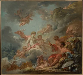 Vulcanus biedt Venus de wapens aan namens Aeneas