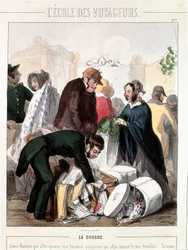 Douane. Douanecontrole van de bruidsschat van een erfgename die ging trouwen met een jonge man. Kleuren gravure door Francois Bouchot (1800-1842), circa 1830. Parijs, Musee Carnavalet