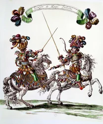 Indiase ruiter en page tijdens het carrousel gegeven door koning Lodewijk XIV in 1662 ter viering van de geboorte van de Dauphin