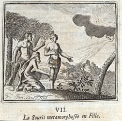 De muis die in een meisje veranderde. Fabels door Jean de La Fontaine (1621-95). Illustratie door François Chauveau (1613-1676). Editie van 1728.