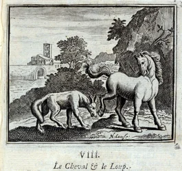 Het paard en de wolf. Fabels door Jean de La Fontaine (1621-95). Illustratie door François Chauveau (1613-1676). Editie van 1728.