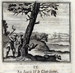 De Muizen en de Uil. Fabels van Jean de La Fontaine. Illustratie door François Chauveau. Editie van 1728.