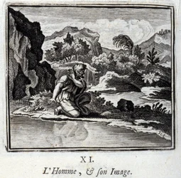 De Man en zijn beeld. Fabels van Jean de La Fontaine. Illustratie door François Chauveau. Editie van 1728.